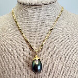 14Kt Y Gold Black Cultured Pearl Teardrop Pendant Gold Over Sterling 18" Chain